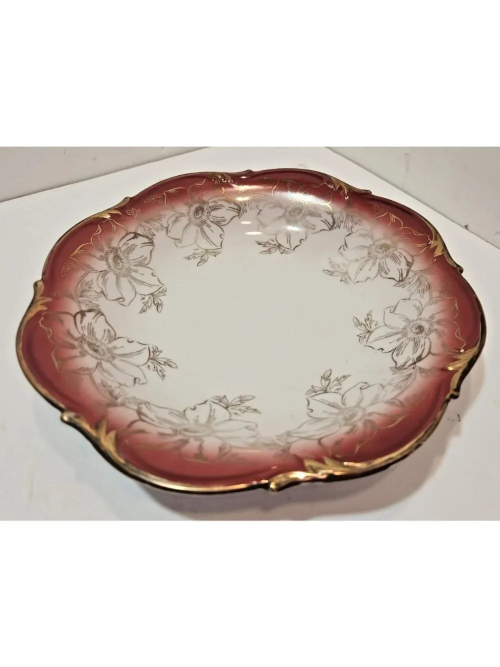 Vtg 1940's Bareuther White Gold Maroon Floral Handpainted Bowl